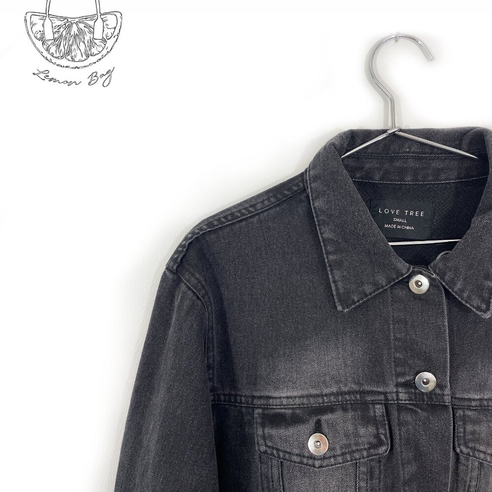 Love Tree / Jean Jacket Decor on the Back/ Black Grey / Size S - Picture 7 of 8